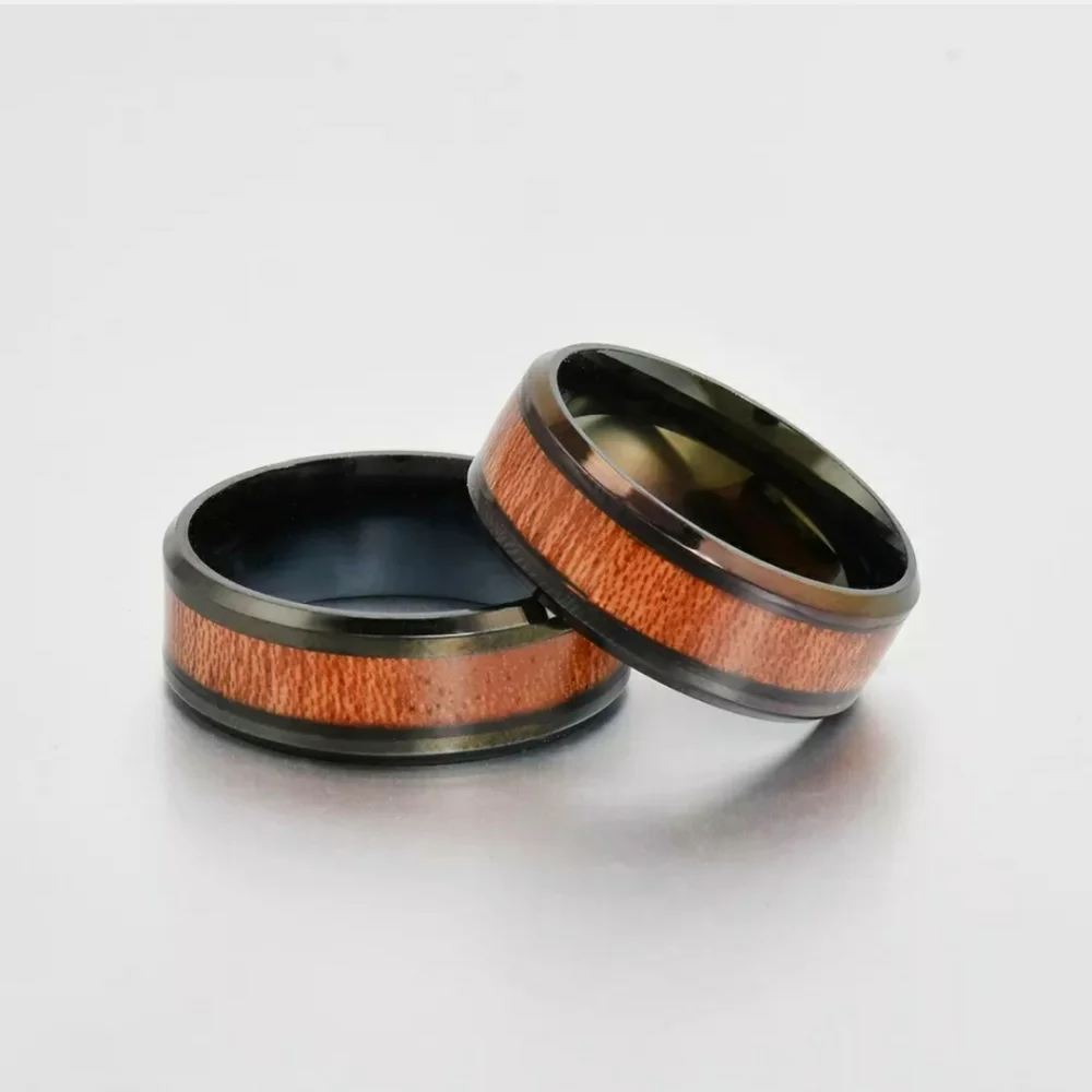 Black Tungsten Wood Inlay 8mm Wide Bevel Edge Band Ring